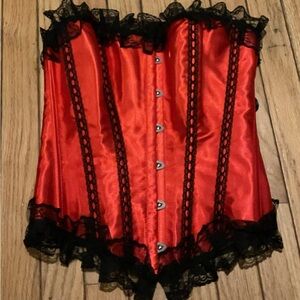 Y2K Style Corset Bustier Top Red Black Lace Valentines Medium Goth Romantic